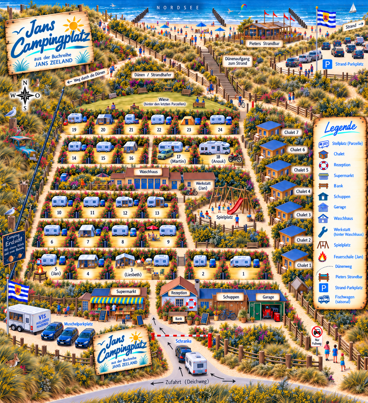 Illustrierte Karte von Jans Campingplatz mit Rezeption, Waschhaus, Parzellen, Chalets, Werkstatt, Spielplatz und Strandzugang